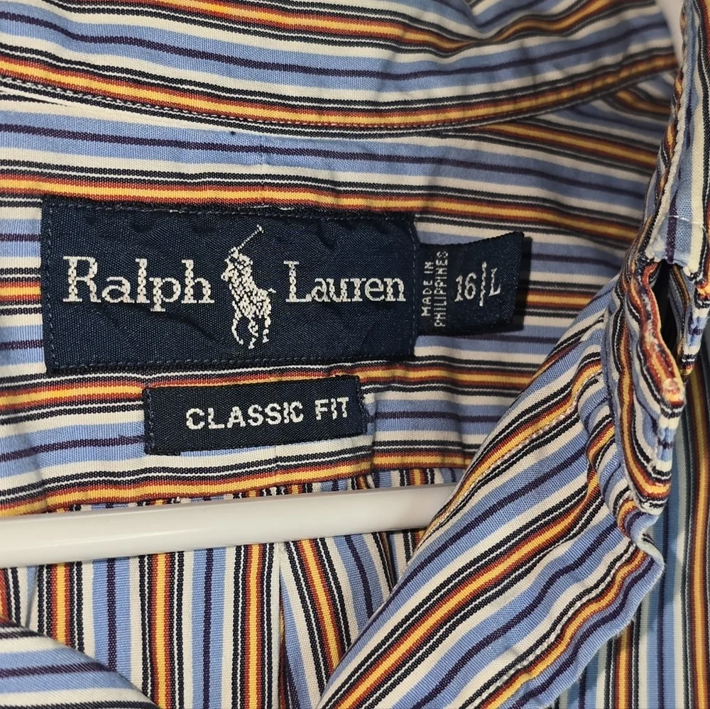 Ralph Lauren Button Down Shirt Powder Blue Stripe Long Sleeve Classic Fit Large